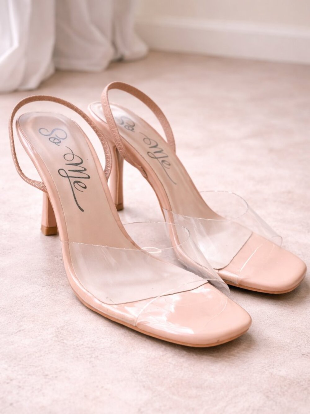 So Me Womens Sandals Size 7 Beige Clear Strap Heels Nude Open Toe Sling back